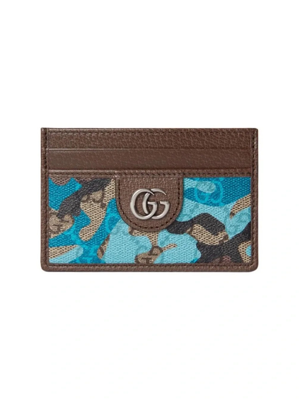 GG Logo Brown Leather Card Case with Blue Camouflage Canvas